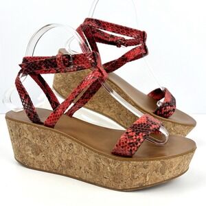 Zara Red Snakeskin Print Cork Platform Wedge Sandals Womens EU 38 US 7.5